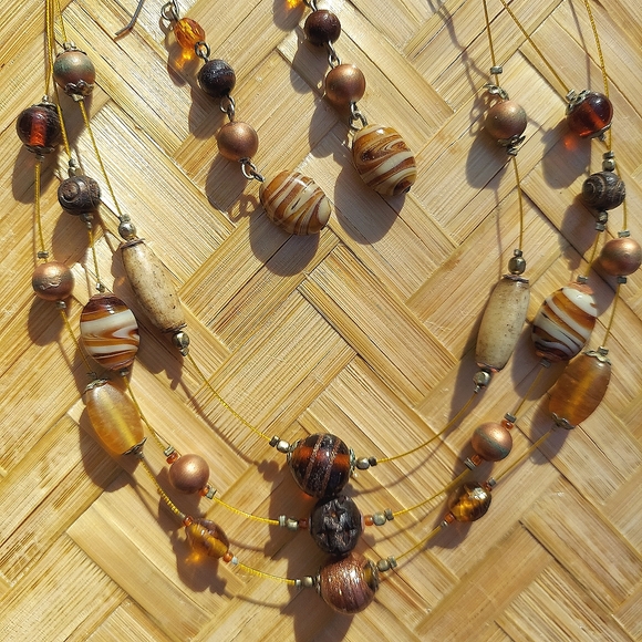 Earth Toned multi-strand beaded necklace with matching earrings - Picture 2 of 3